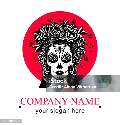 istock Logo in Calavera style. Dia de los muertos, Day of the dead is a Mexican holiday. Girl with flowers in her hair and Woman with make-up - sugar skull. 1432469533