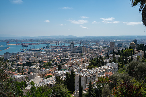 View of the port of the city of Haifa from the side of the sculpture park. A high resolution.