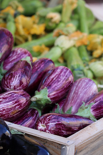 Beautiful fresh eggplants at Saleya market in Nice