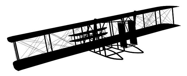 Computer generated 2D illustration with the silhouette of a historic biplane airplane from 1903