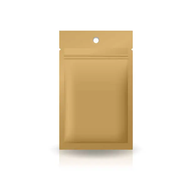 Vector illustration of Brown kraft paper, foil, plastic flat zip bag with round hang hole for food, healthy, beauty product. Isolated on white background with shadow. Ready to use for package design. Realistic vector illustration.