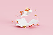 Blank open gift box birthday surprise package isolated on celebration pink 3d background with happy christmas empty new year anniversary present packaging or minimal product creative shopping prize.