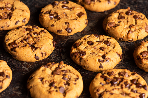 Chocolate chips cookies on the baking sheet