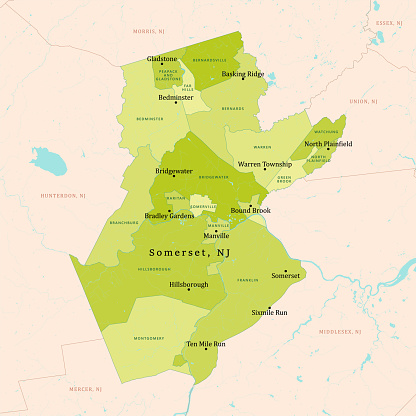 NJ Somerset County Vector Map Green. All source data is in the public domain. U.S. Census Bureau Census Tiger. Used Layers: areawater, linearwater, cousub, pointlm.