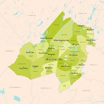 NJ Morris County Vector Map Green. All source data is in the public domain. U.S. Census Bureau Census Tiger. Used Layers: areawater, linearwater, cousub, pointlm.