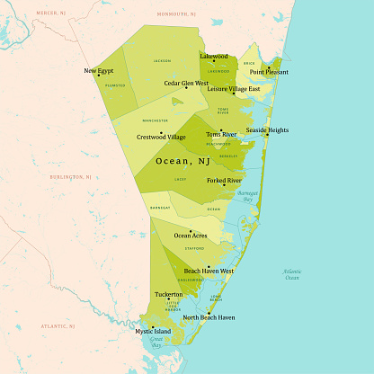NJ Ocean County Vector Map Green. All source data is in the public domain. U.S. Census Bureau Census Tiger. Used Layers: areawater, linearwater, cousub, pointlm.
