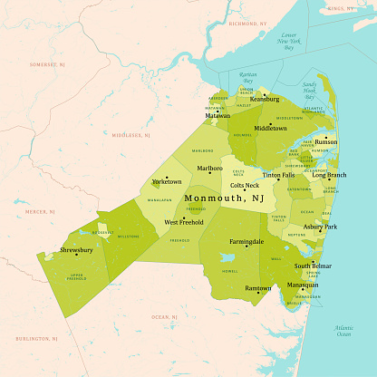 NJ Monmouth County Vector Map Green. All source data is in the public domain. U.S. Census Bureau Census Tiger. Used Layers: areawater, linearwater, cousub, pointlm.