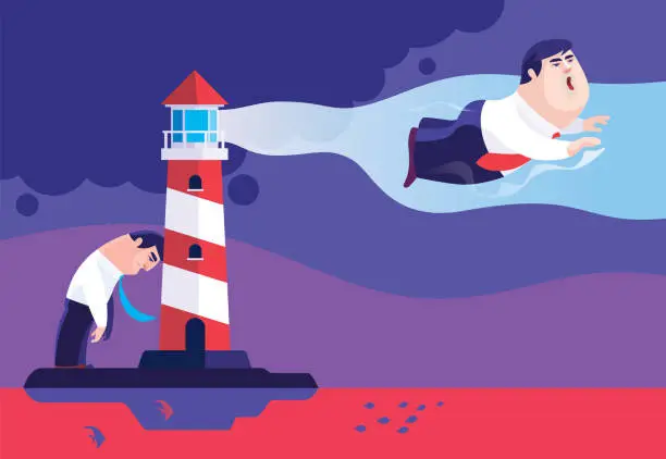 Vector illustration of businessman leaving with lighthouse guiding