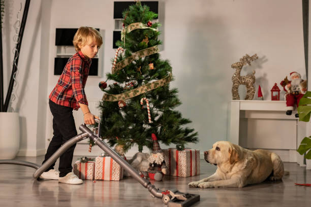 istock Little boy using vacuum cleaner to clean the floor before Christmas eve 1432474772