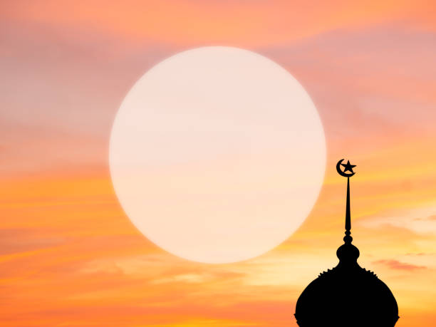 istock Mosques Dome with Moon on Sunset Twilight Sky Background 1432475070