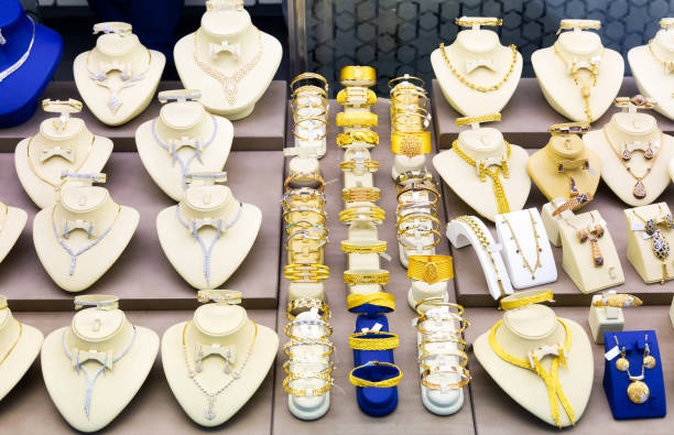 istock Gold and gemstone jewelry in store 1432477521