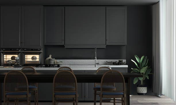 istock Modern cozy dining room and black wall texture background interior design 1432478113