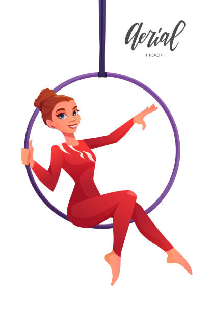 Woman gymnast in the aerial hoop. Aerialist dancer in circus. Invitation template to show or performance. Cartoon vector illustration. Woman gymnast in the aerial hoop. Aerialist dancer in circus. Invitation template to show or performance. Cartoon vector illustration. acrobatic gymnastics stock illustrations