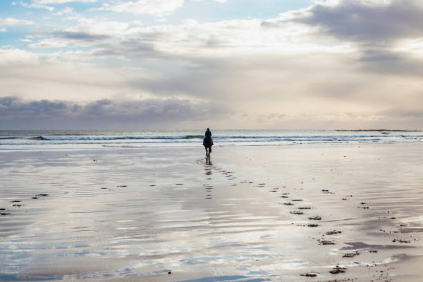 Rear view wide shot of a woman horseback riding along the beach in the North East of England. The scene is tranquil and calm. The horse is leaving footprints in the sand.