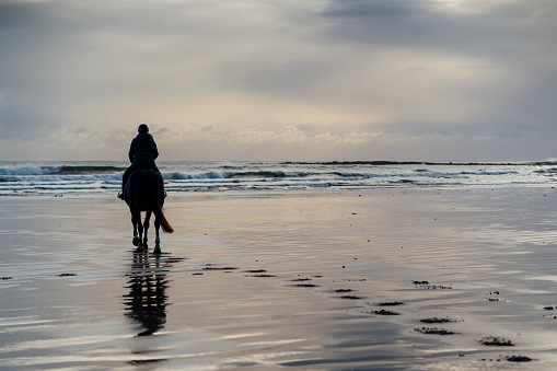 Wide rear view shot of a woman horseback riding along the beach in the North East of England. The scene is tranquil and calm.