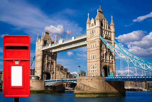 UK United kingdom red mailbox postbox photomount with London Tower Bridge