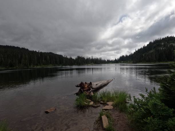 istock Clear tranquil lake water with hills in shore covered with green trees 1432485103
