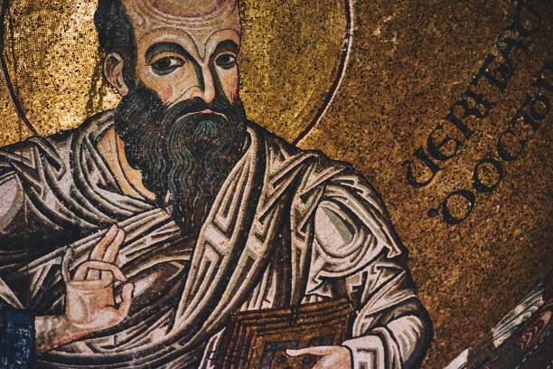 beautiful shot of mosaic of the apostle paul in the cathedral of monreale - apostle imagens e fotografias de stock