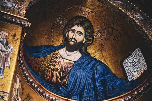 bellissimo scatto del mosaico del cristo pantocratore sul duomo di monreale - pantocratore foto e immagini stock