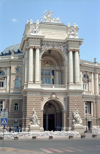 , Ukraine: A vertical shot of the Odesa Opera and Ballet Theatre in summer 2022