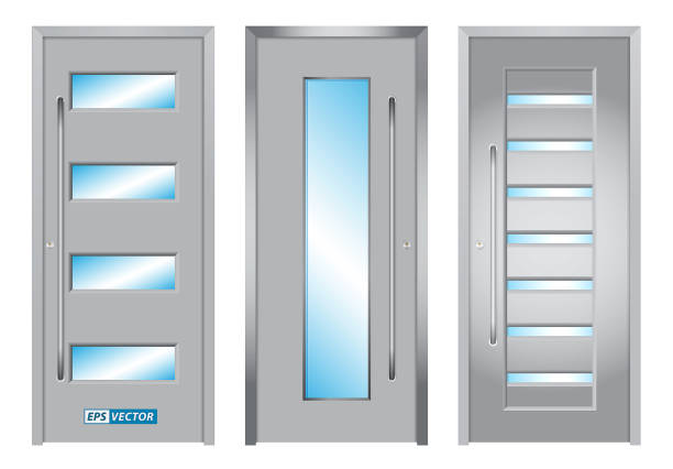 ilustraciones, imágenes clip art, dibujos animados e iconos de stock de conjunto de puerta blanca moderna realista o puerta de entrada moderna minimalista aislada. vector eps - industry aluminum sheet architecture metallic