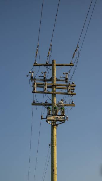 vertical shot of the power line against a blue sky - phoneline imagens e fotografias de stock