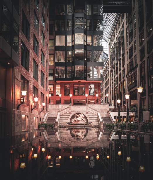 , Canada: A fountain located in Montreal's Underground City, Canada with visible reflections on the water