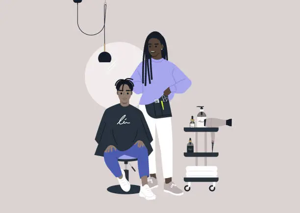 Vector illustration of Hair salon, a client sitting in the chair covered with a cape, a master standing next to them with a belt bag