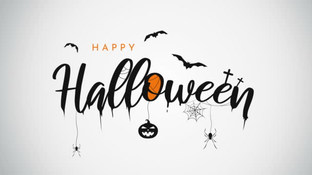 Halloween lettering with flying bats, pumpkin, spider. 4k animation