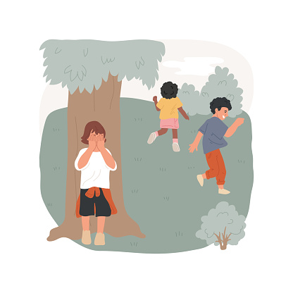 Hide-and-seek isolated cartoon vector illustration. Family plays hide-and-seek game, child stands near a tree with eyes closed, children hiding in the nature, summer game vector cartoon.