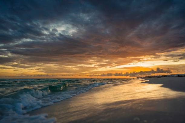 istock Dramatic sunset over the sea waves washing the sandy beach 1432497924