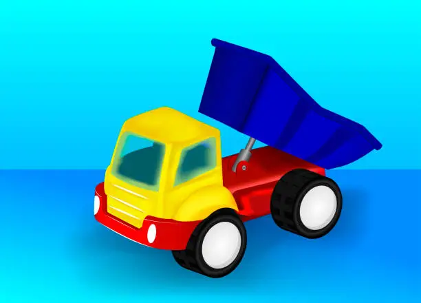 Vector illustration of Toy truck. Blue truck with yellow cab and raised body. Vector image.