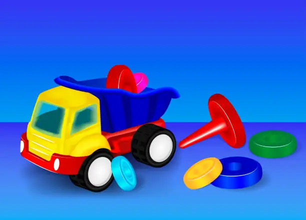 Vector illustration of Toy truck with a pyramid. Vector image.