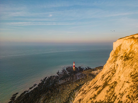 An aerial shot of the Seven Sisters Park Lighthouse in Seaford, East Sussex, England