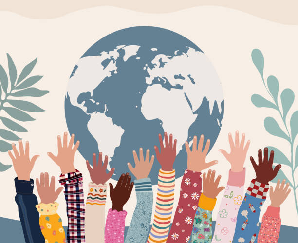 Group of raised hands of joyful happy multicultural children. Hands up of kids from different nations and cultures. Diversity. Globe earth background. Peace tolerance or ecology concept vector art illustration