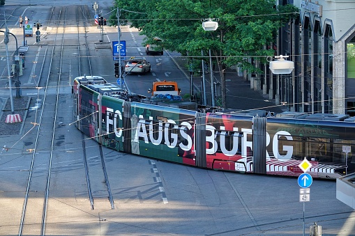 Augs, Germany: Picture shows  tram in Augsburg Bavaria with an advertising imprint for the Bundesliga soccer club FC Augsburg