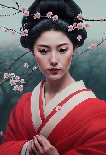 A 3D illustration of geisha with cherry blossoms
