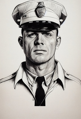 A vertical greyscale Drawing of an american policeman of the 30s