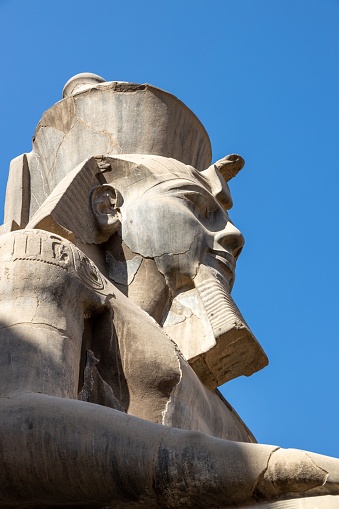 A vertical shot of the ancient statue of Ramesses II at Karnak Temple Complex