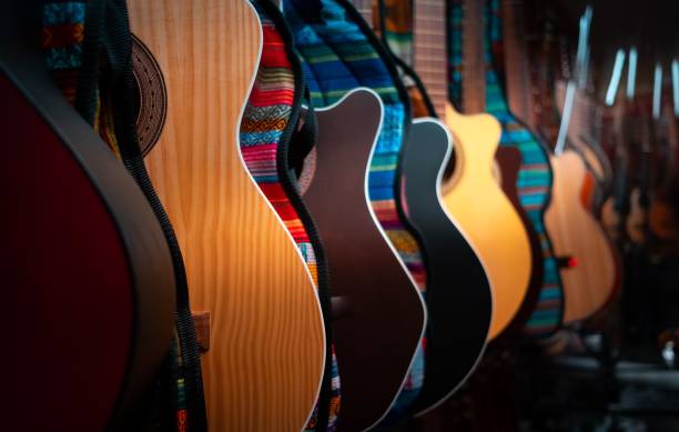 istock Closeup of guitars in a studio with dark background 1432503803