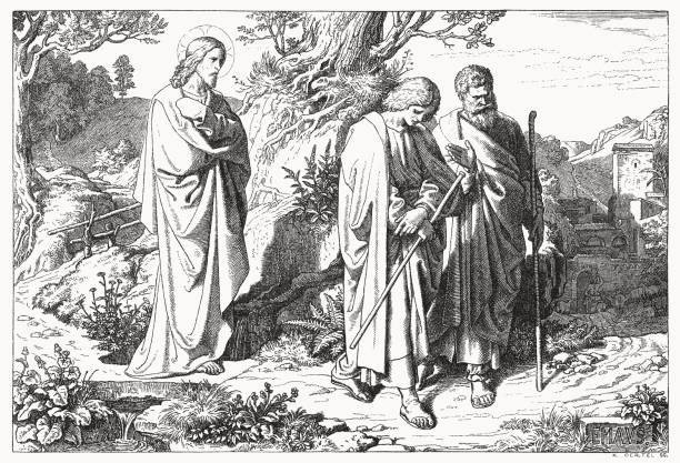 der auferstandene jesus in emmaus, holzstich, erschienen 1894 - neues testament stock-grafiken, -clipart, -cartoons und -symbole