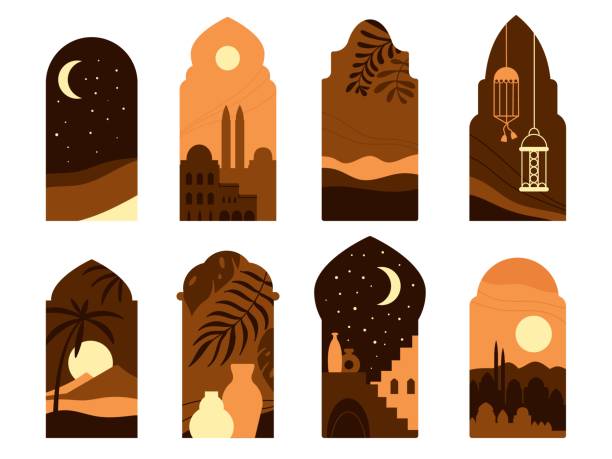 ilustrações de stock, clip art, desenhos animados e ícones de oriental style windows with moon, mosque domes and plants. islamic architecture decorative design. arabic doors silhouettes, boho decent vector elements - turkish arch