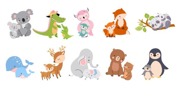 süße mutter und tierbabys zusammen. mama elefanten, koala und bär. lustige junge umarmen mütter, cartoon wilde tiereltern jetztaday vektor fauna charaktere - jungtier stock-grafiken, -clipart, -cartoons und -symbole