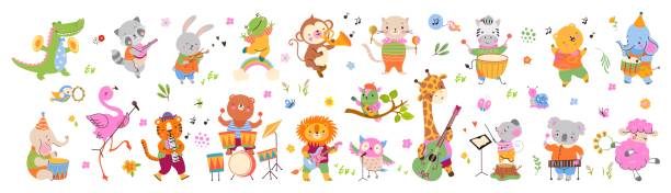 ミュージカルダンス動物、お祝いコンサート。漫画の動物は楽器を演奏します。音楽キリン、ライオン、カバ、ゾウ。子供っぽい今のベクターコレクション - 野生動物旅行点のイラスト素材／クリップアート素材／マンガ素材／アイコン素材