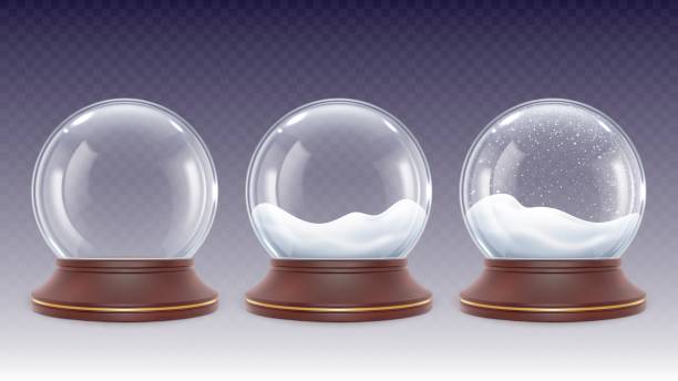 illustrations, cliparts, dessins animés et icônes de globe en verre enneigé réaliste. boules à neige 3d, chutes de neige d’hiver dans une bulle de cristal. jouet décoratif du nouvel an de noël. jeu de vecteurs lapidaires à boule transparente de noël - snowflake ice crystal christmas snow