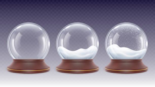 ilustrações, clipart, desenhos animados e ícones de globo de vidro de neve realista. globos de neve 3d, neve de inverno em bolha de cristal. brinquedo decorativo de ano novo de natal. conjunto de vetores transparentes de bola de natal - bola de cristal