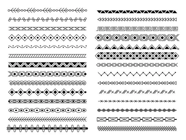 Vector illustration of Single geometric line borders. Tribal border and divider, handmade frame decorations. Decorative squiggle pattern, horizontal ethnic decent vector elements