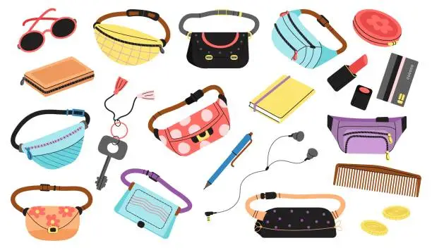 Vector illustration of Belt bags and girl accessories. Handbag purse fashion models, isolated lipstick, money and keys. Trendy style notebook, active person lifestyle decent vector elements