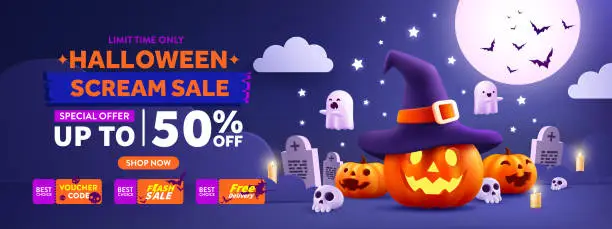 Vector illustration of Halloween Sale Promotion Poster or banner template.Halloween night seen with big Moon, Pumpkin ghost,Wizard Hat,cute ghost,cartoon skull and halloween elements. Website spooky or banner template