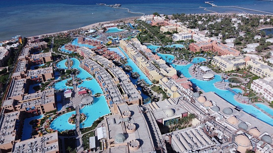 hurghada, Egypt: An aerial view of a hotel in Hurghada with swimming pools